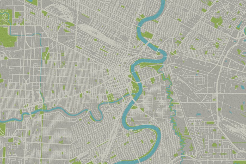 Stylized city map showing a winding river, streets, and green park areas