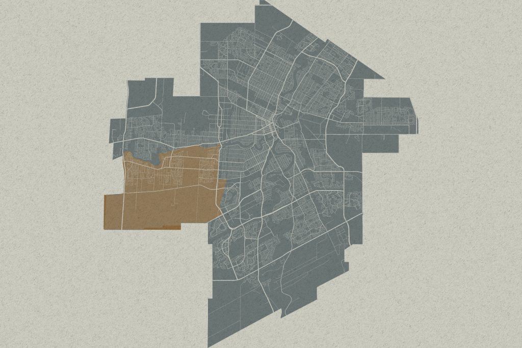 Map with one southwest area highlighted in brown against a gray city street map