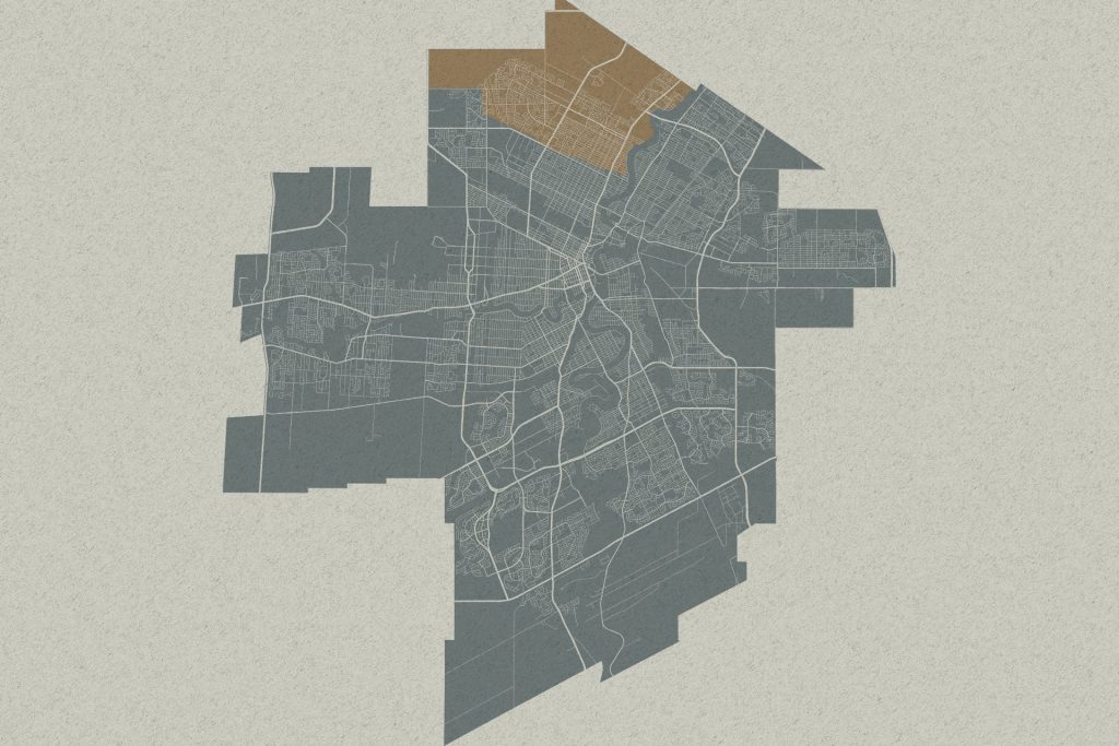 Stylized city map with roads and neighborhoods highlighted in blue-gray and tan