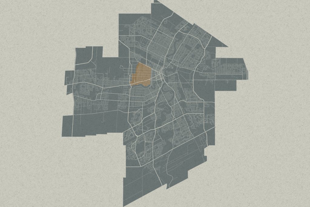 Map of a city with one central district highlighted in orange