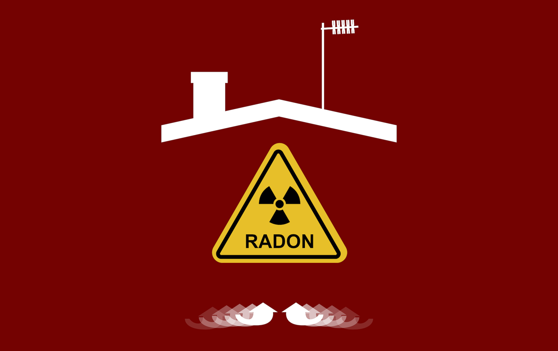 Radon, a contaminant that affects indoor air quality worldwide. Illustration, silhouette of a house, roof, chimney, antenna, and blank direction arrows. Risk of possible accumulation inside the home. silent killer